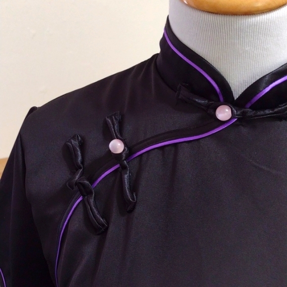 Modern Asian Black Silky Full Length Cheongsam Dress Size XL - Picture 8 of 13